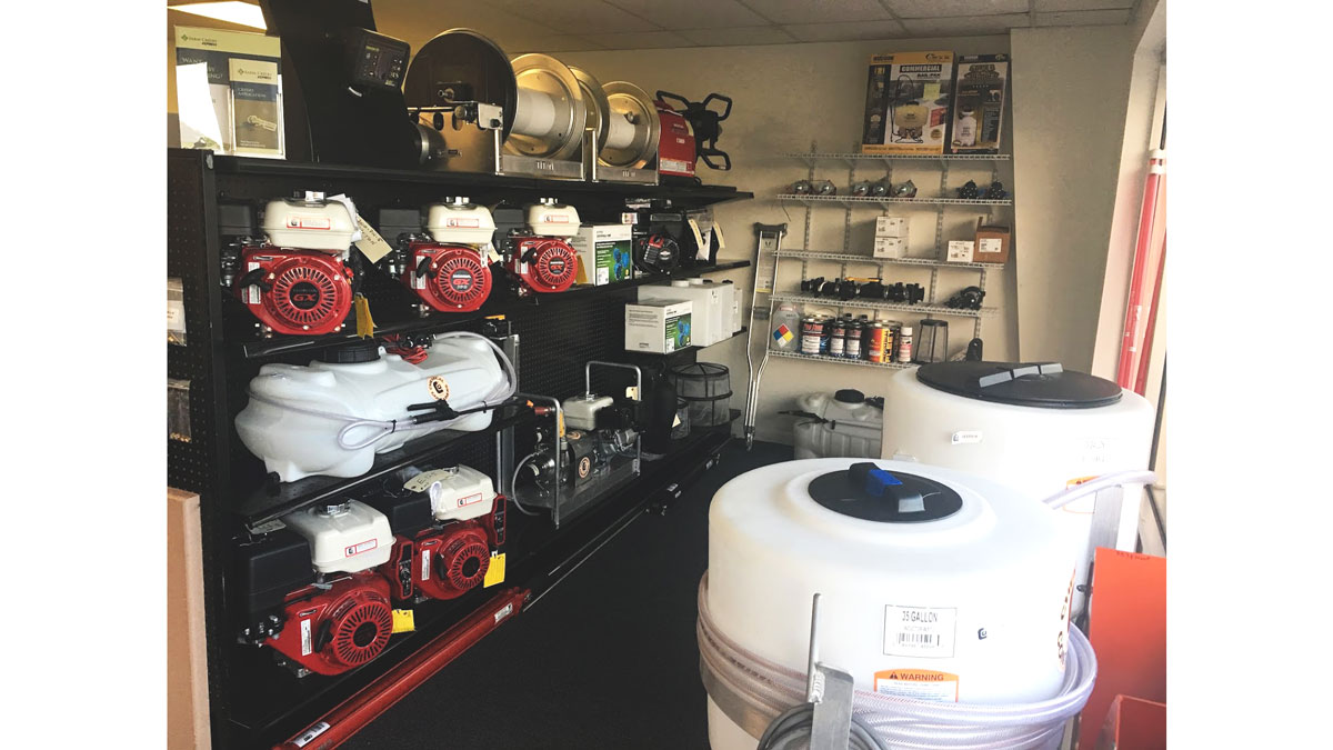 Chemical Containers Arcadia location - store front area with motor pumps, inductor tanks and hose reels for sale